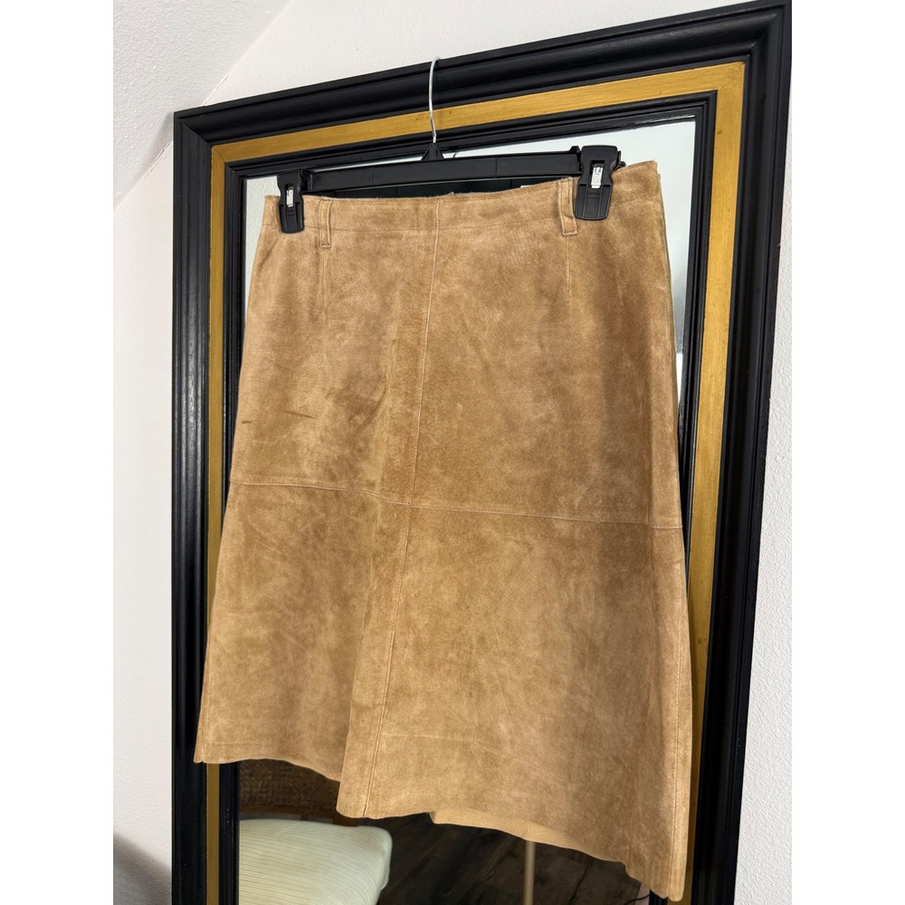 Isaac Mizrahi Tan Suede Leather Midi Skirt Brown Paneled A-Line Size 10